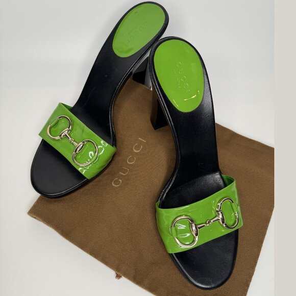 Gucci Horsebit Size 9,5/40 Green Patent Leather Heel Sandal - Picture 1 of 16